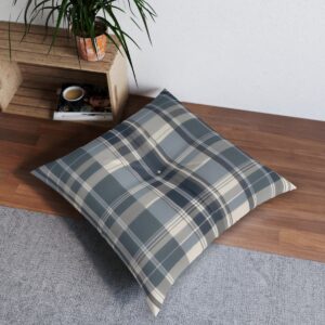 Tufted floor pillow with sleek plaid design in slate grey and cream