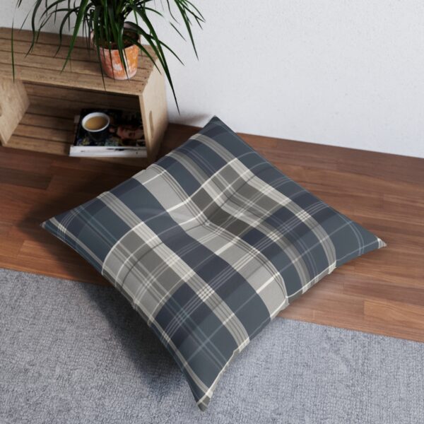 Tufted floor pillow with timeless plaid pattern in charcoal and cream