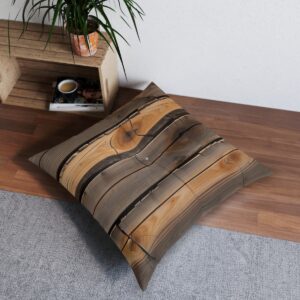 Luxurious tufted floor pillow with detailed wooden plank design