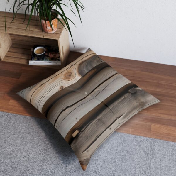 Tufted floor pillow with authentic wooden plank depiction