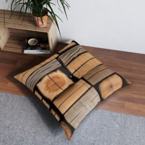 Visually engaging tufted floor pillow with wooden plank and knot design