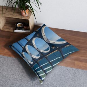 Tufted floor pillow with serene sea view portholes and smart navy striped design