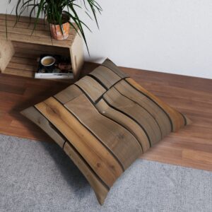 Plush tufted pillow with nuanced wooden plank motif