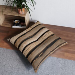 Square tufted pillow resembling stacked wooden planks in rich tones