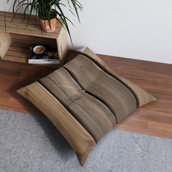 Tufted floor pillow with lifelike rough-hewn lumber pattern