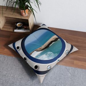 Tufted floor pillow with porthole vista of the sea and chic navy stripe pattern