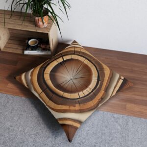 Concentric circles tree rings design tufted floor pillow in brown and tan