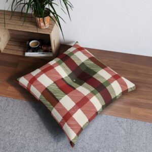 Charming tartan pattern tufted floor pillow in deep red forest green and beige