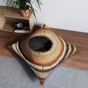 Artistic tree ring design tufted floor pillow on wooden floor