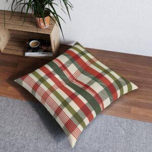 Classic plaid tufted floor pillow in olive green crimson and beige