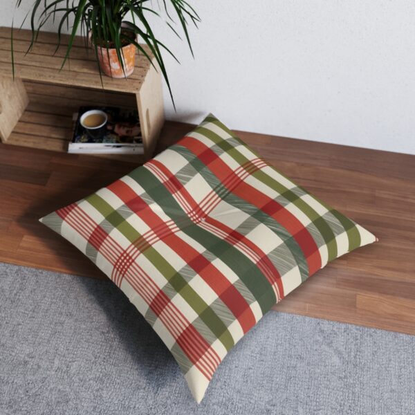 Classic plaid tufted floor pillow in olive green crimson and beige