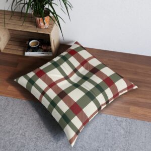 Timeless plaid tufted floor pillow in tan deep red and forest green