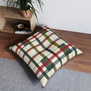 Festive plaid tufted floor pillow in Christmas red and green with cream and gold accents