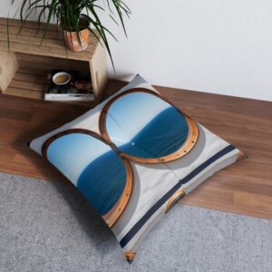 Tufted floor pillow with porthole design and navy stripes