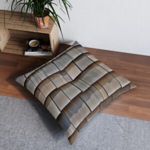 Tufted floor pillow with earth tone shingle design in a cozy room