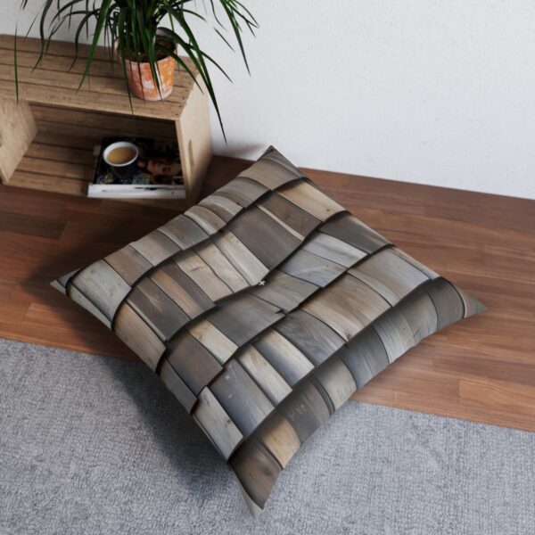 Floor pillow with design reminiscent of weathered wooden shingles