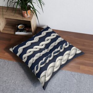 High seas allure tufted floor pillow with sailor's knot guide and navy stripes