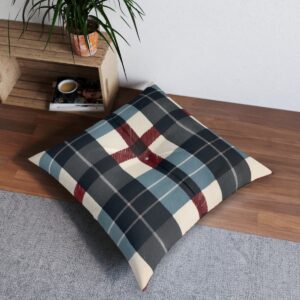 Inviting floor pillow with deep green and navy plaid and red accents