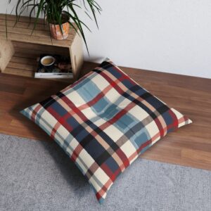 Classic plaid tufted floor pillow in navy red and cream