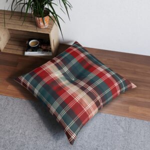 Classic plaid tufted floor pillow in festive reds and greens