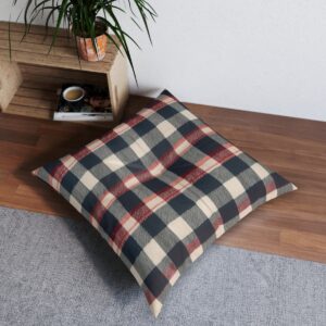 Faded worn plaid pattern tufted floor pillow in a home environment