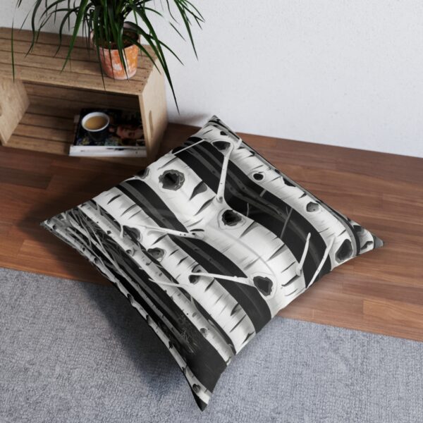 Striking black and white birch bark print tufted floor pillow