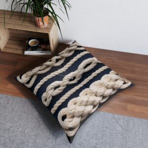 Tufted floor pillow with composition of sailor's knots on navy stripes