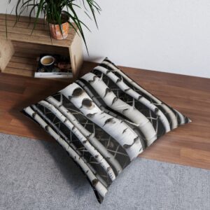 Floor pillow with birch bark pattern in white and black