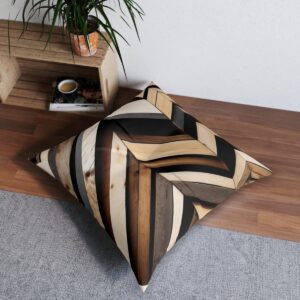 Captivating chevron pattern tufted floor pillow with dark and light wooden tones