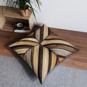 Striking chevron pattern tufted floor pillow with natural wooden stripes