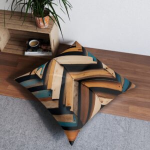 Chevron patterned tufted floor pillow with teal accents and wooden stripes