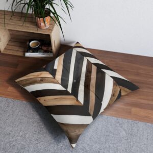 Striped wooden chevron pattern tufted floor pillow in a room