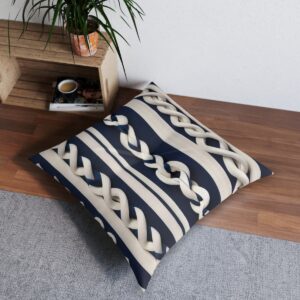 Tufted floor pillow with array of sailor's knots on classic navy stripes