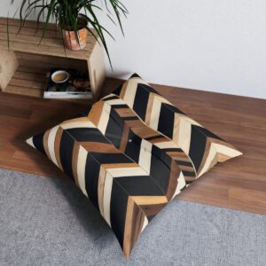 Bold rustic chevron pattern floor pillow with angled wooden pieces