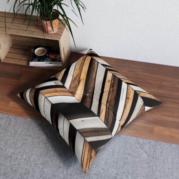 Rustic chevron pattern floor pillow with varied wood shades