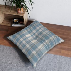 Soft plaid pattern floor pillow in hues of sky blue and gentle gray