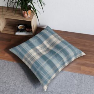 Soothing plaid pattern floor pillow in sky blue and soft gray