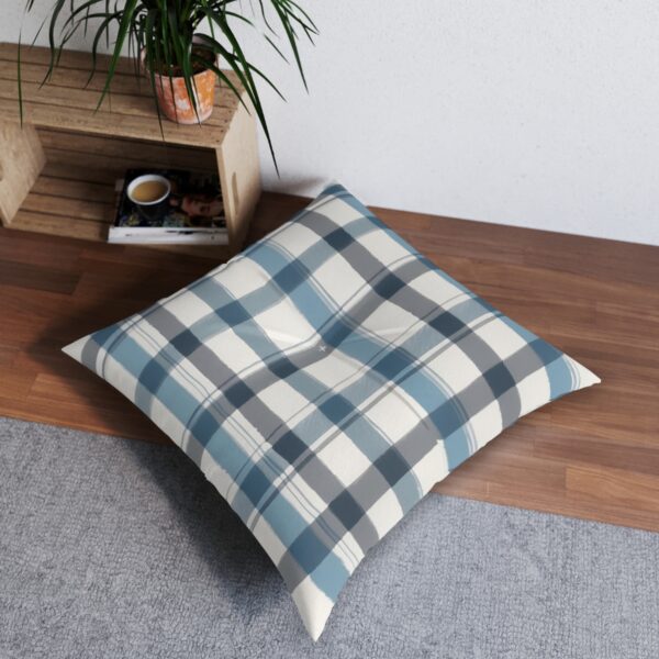 Plaid pattern tufted floor pillow in calming sky blue and soft gray