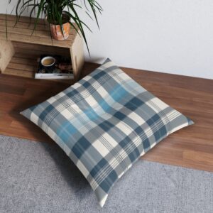 Soothing plaid tufted floor pillow in sky blue and soft gray