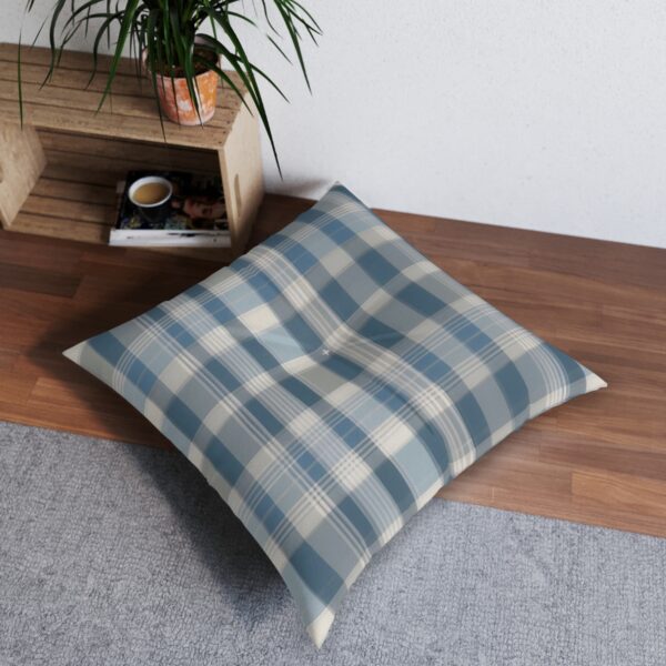 Gentle plaid pattern tufted floor pillow in sky blue and soft gray