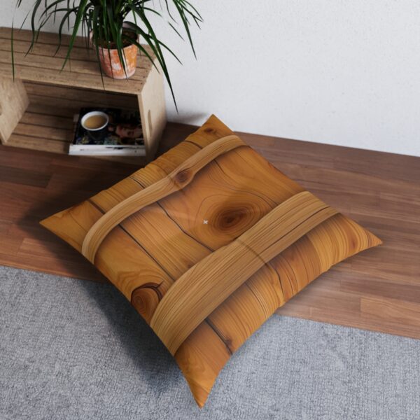 Rich knotty pine design tufted floor pillow with honey amber warmth