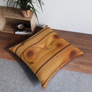 Knotty pine pattern tufted floor pillow with warm honey amber glow