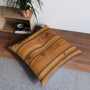 Realistic knotty pine design tufted floor pillow in honey amber