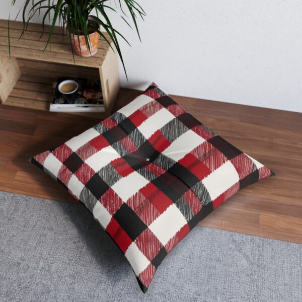 Bold buffalo check plaid tufted floor pillow in red and black