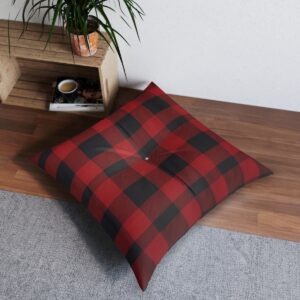 Deep red and black buffalo check plaid tufted floor pillow