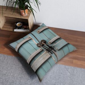 Teal farmhouse door design tufted floor pillow with metal hardware details