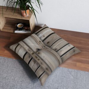 Realistic wood texture tufted floor pillow with rustic charm