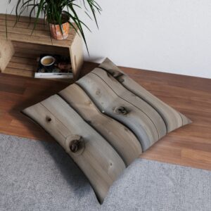 Weathered wooden surface tufted floor pillow resembling a countryside farmhouse