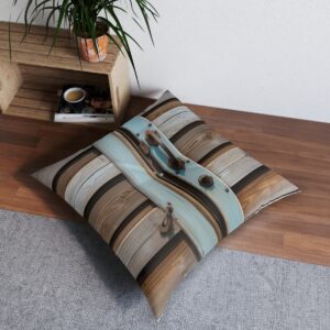 Comfortable tufted floor pillow with weathered farmhouse door design