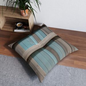 Detailed wood texture tufted floor pillow resembling farmhouse door